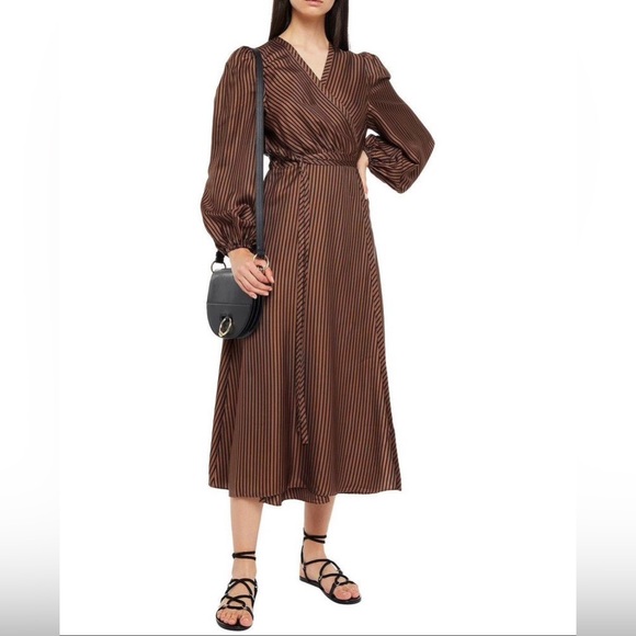 Zimmermann Dresses & Skirts - Zimmermann Women's Brown Gathered Striped Satin-twill Midi Wrap Dress, size 2